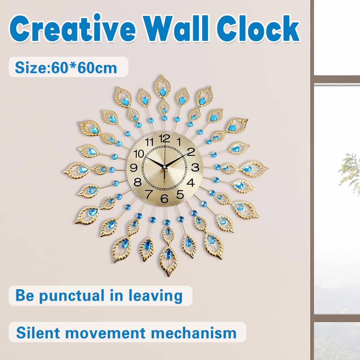 Large 60 cm Peacock Design Wall Clock with Gold Finish and Silent Movement