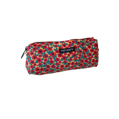 Large Capacity Corduroy Pencil Case - Red Flowers with Teal Leaves