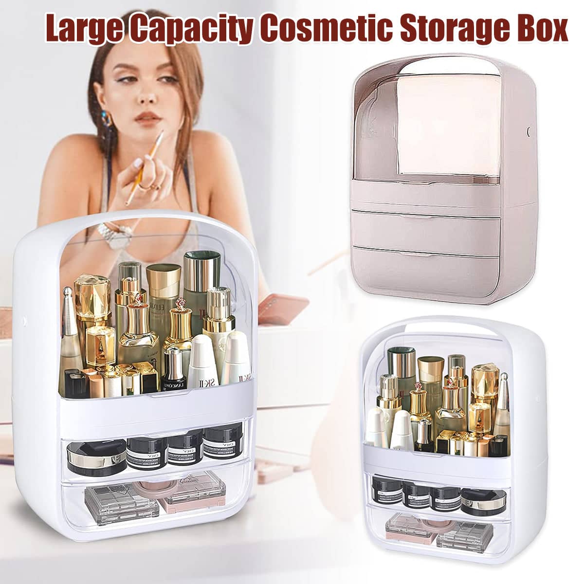 Large Capacity Dustproof Desktop Cosmetic Storage Box with Clear Cover - Pink