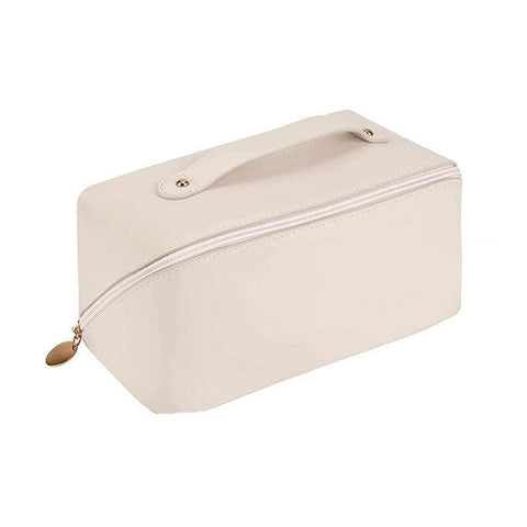 Large Capacity Travel Cosmetic Bag - White, PU Leather (23.5 x 10.5 x 11 cm)