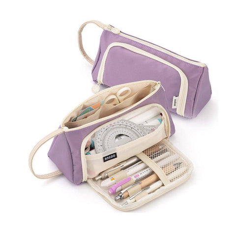 Large Capacity Twill Pencil Bag with Multi Layer Storage - Purple