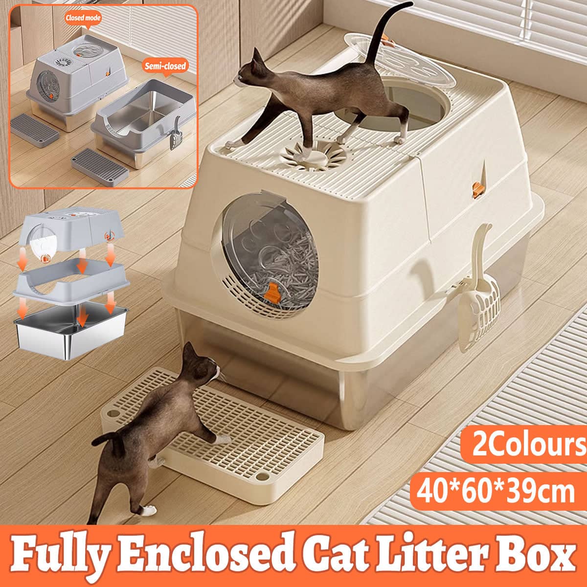 Large Enclosed Cat Litter Box with Flip Top and Carbon Filter - Khaki - view 2