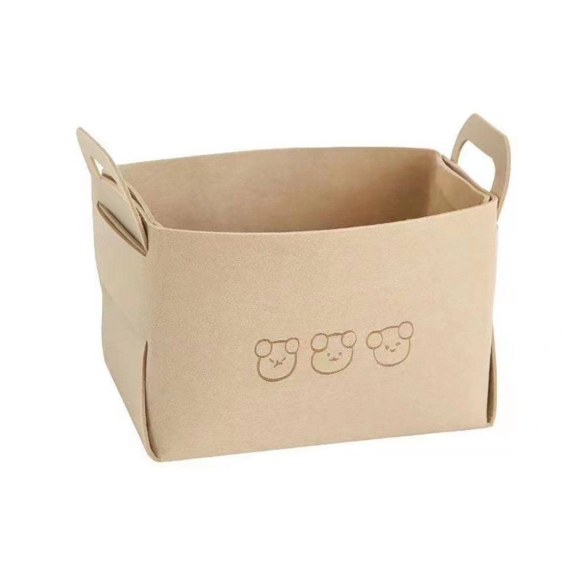Large Foldable Felt Storage Basket with Bear Print Pack of 2 - Beige