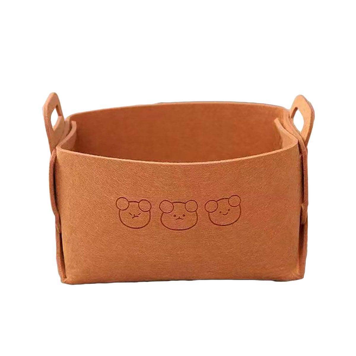Large Foldable Felt Storage Basket with Bear Print Pack of 2 - Brown