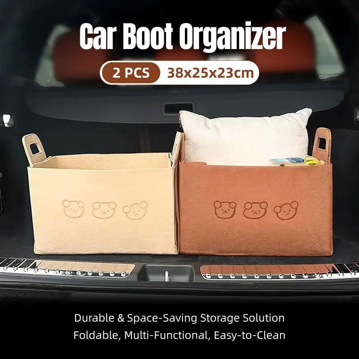 Large Foldable Felt Storage Basket with Bear Print Pack of 2 - Brown - view 2
