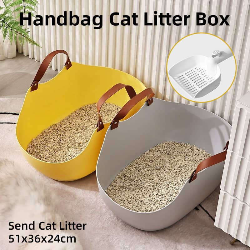 Large Semi-Enclosed Cat Litter Tray with Scoop and Handles - Yellow - view 2