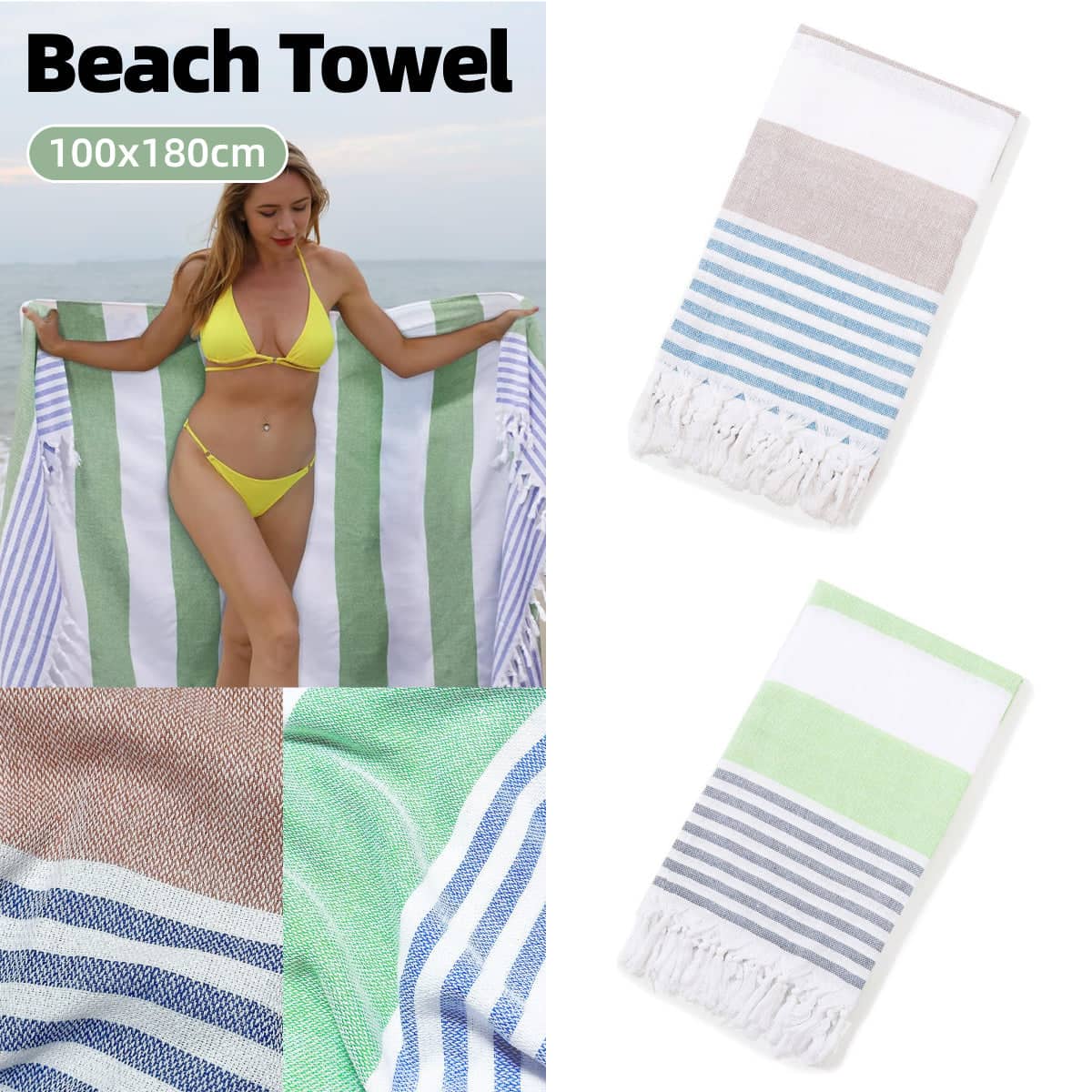Large Striped Cotton Beach Towel, 100 x 180 cm - Light Green - view 2