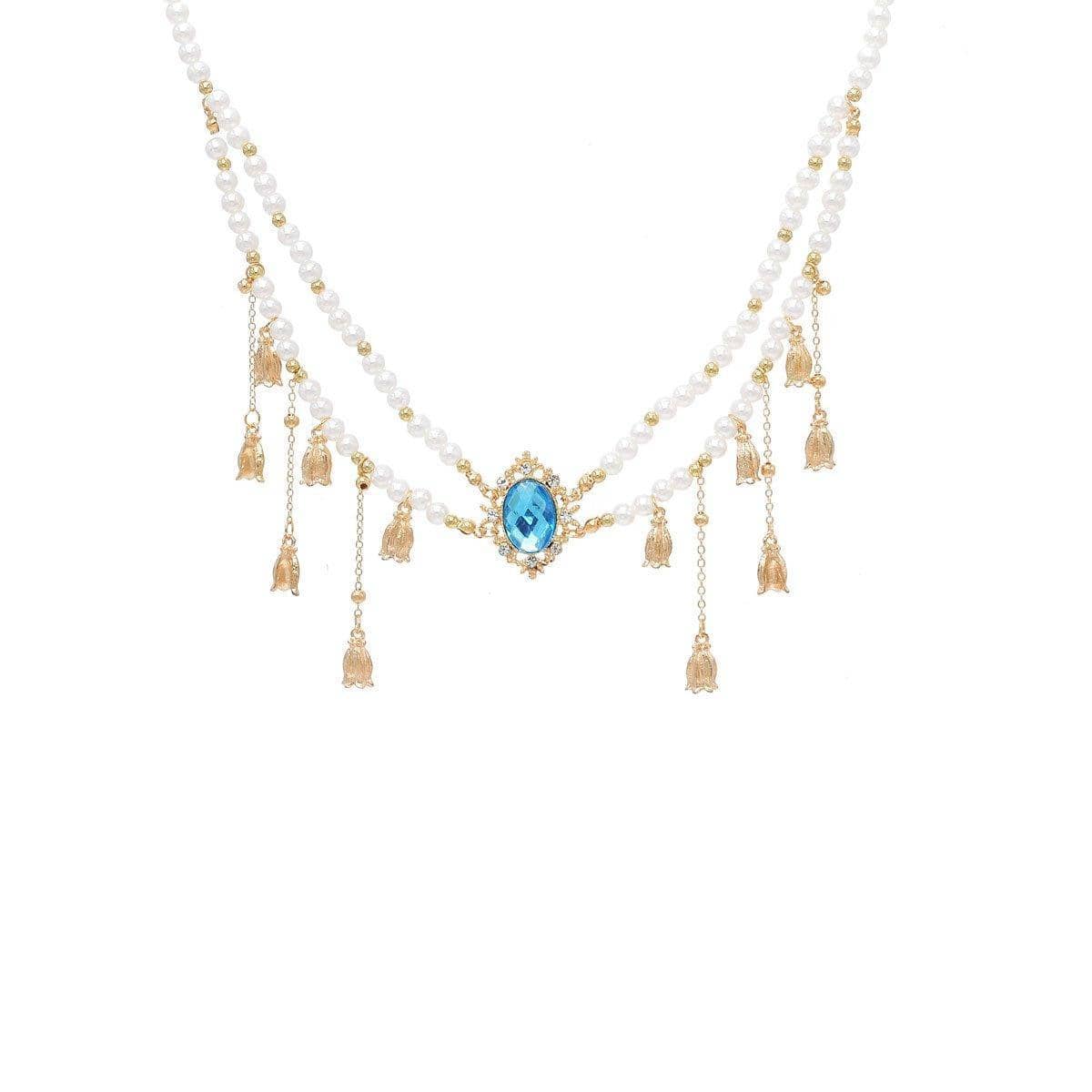 Layered Faux Pearl Necklace with Blue Stone Pendant - Gold-Tone Bell Tassels