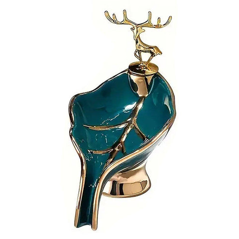 Leaf-Shaped Ceramic Soap Dish with Golden Deer Accent - Dark Green