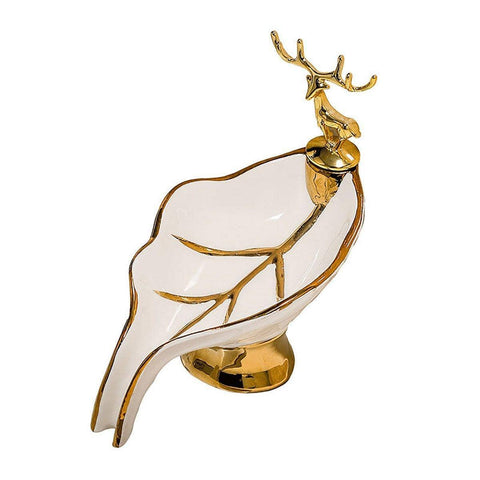 Leaf-Shaped Ceramic Soap Dish with Golden Deer Accent - White