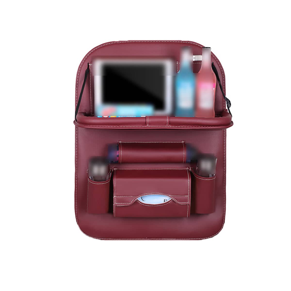 Leather Car Seat Back Storage Bag with Folding Dining Tray and Pockets - Wine Red