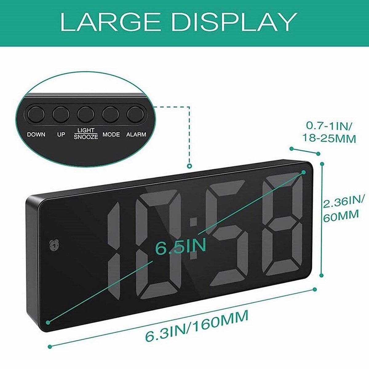 LED Digital Alarm Clock with Large Display and Temperature - Green - view 4