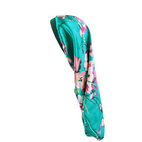 Long Satin Hair Bonnet Sleep Cap 63cm for Long Hair - Green Flower