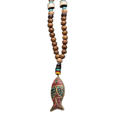 Long Wooden Bead Necklace with Fish Pendant - Multicolour