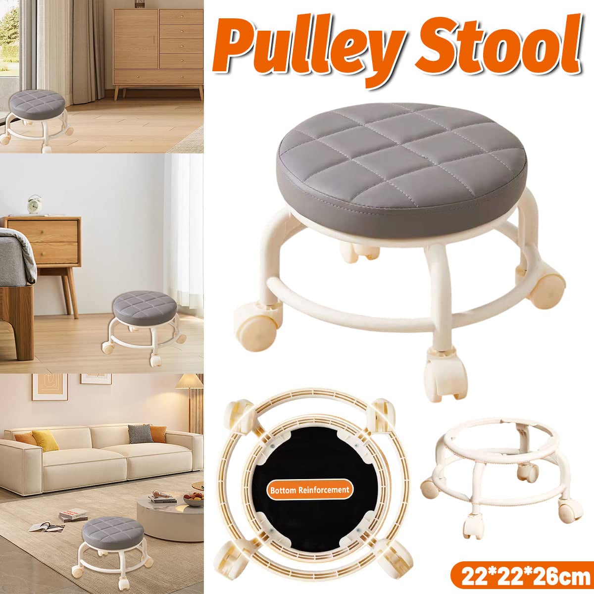 Low Round Rolling Stool with 360 Degree Swivel Wheels for Sewing and Desk Work