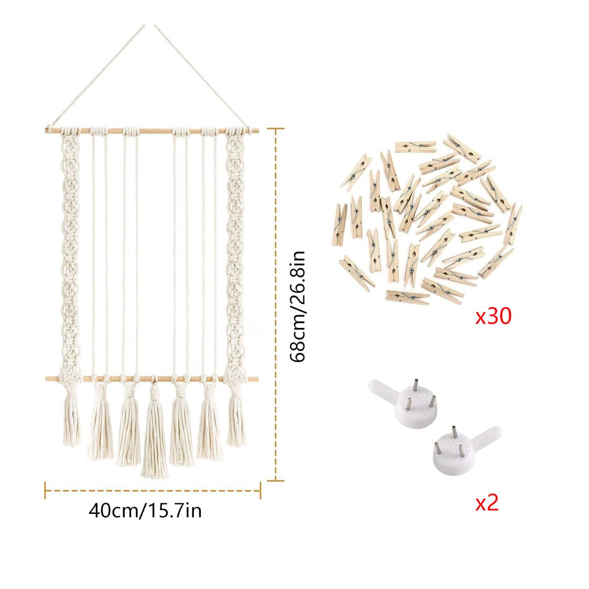 Macrame Photo Display with 30 Wood Clips, Cotton Rope, 40 x 68 cm - view 3