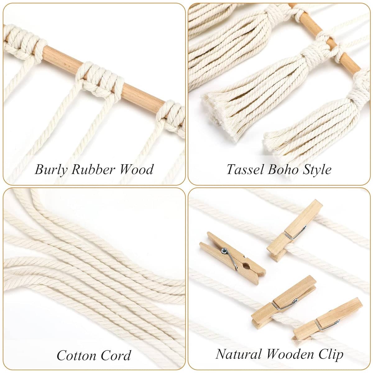 Macrame Photo Display with 30 Wood Clips, Cotton Rope, 40 x 68 cm - view 4