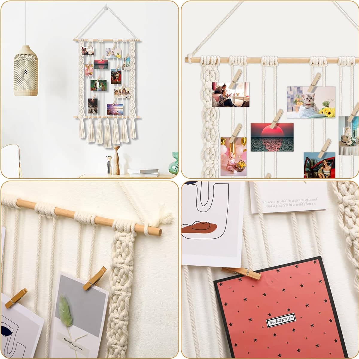 Macrame Photo Display with 30 Wood Clips, Cotton Rope, 40 x 68 cm - view 5