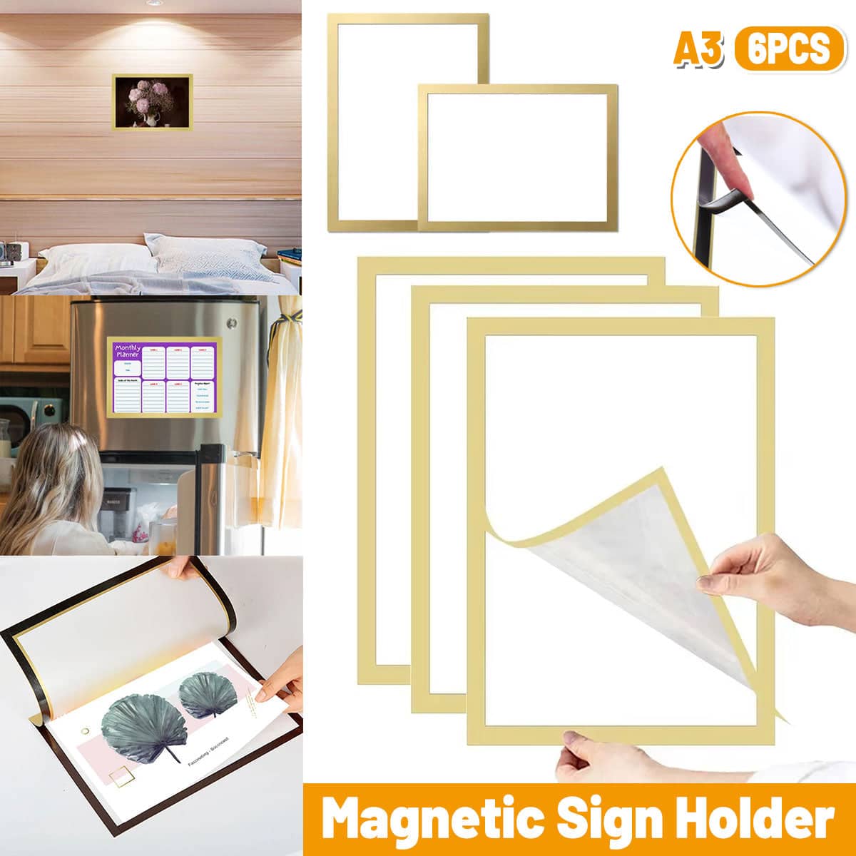 Magnetic Display Frame Set of 6, A3 Wall Mount Sign Holder, Reusable Gold Border
