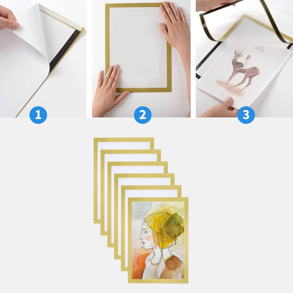 Magnetic Display Frame Set of 6, A3 Wall Mount Sign Holder, Reusable Gold Border - view 4