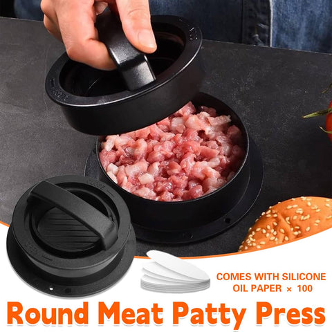 Manual Hamburger Press Round Patty Mould with 100 Wax Paper Discs - Black