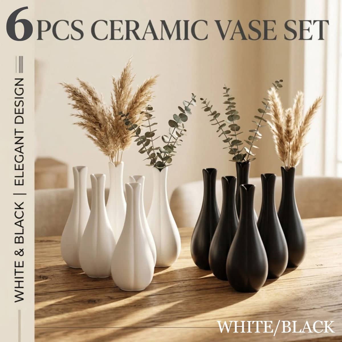 Matte Ceramic Bud Vases - Black, 6 Pack, 23 cm - view 2