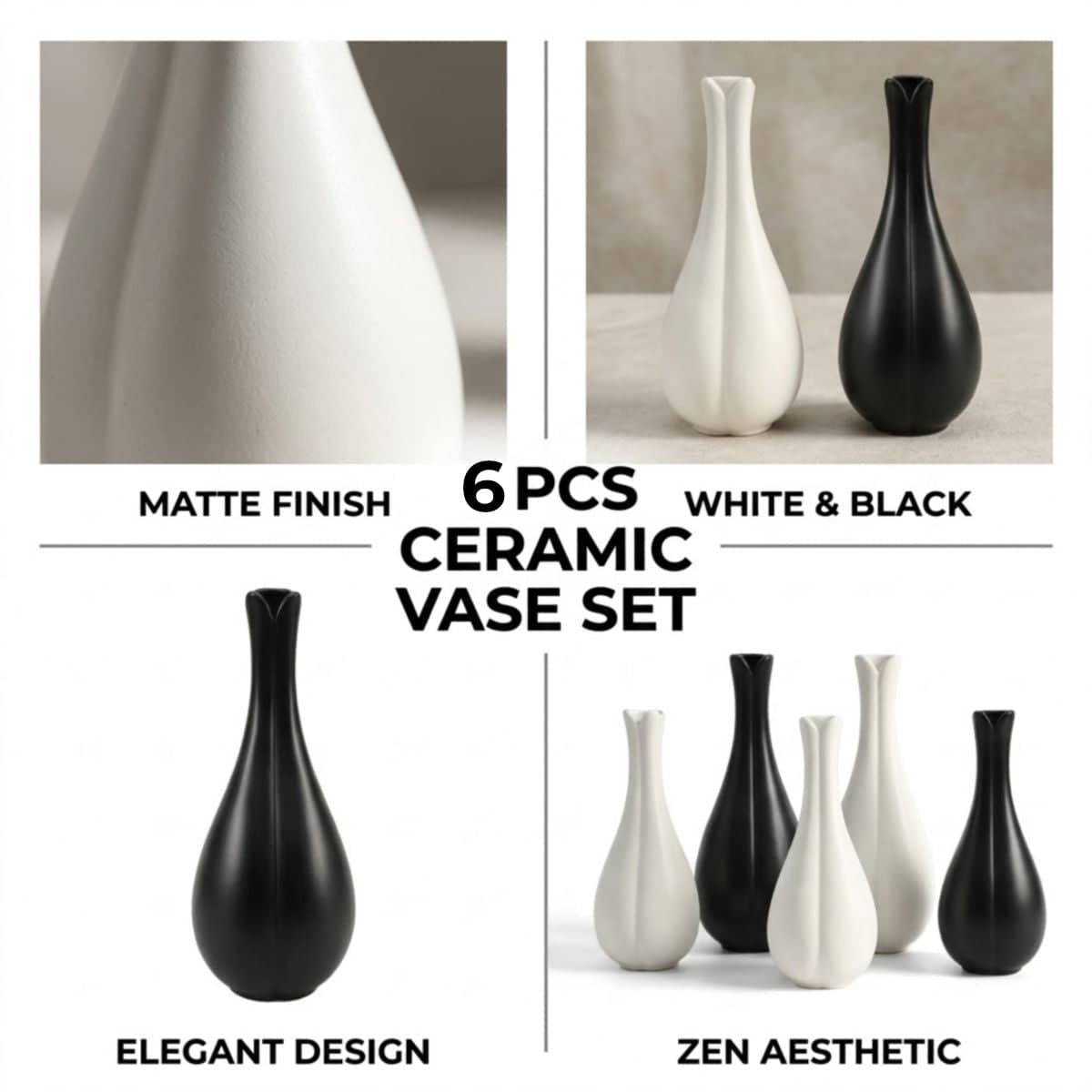 Matte Ceramic Bud Vases - Black, 6 Pack, 23 cm - view 5
