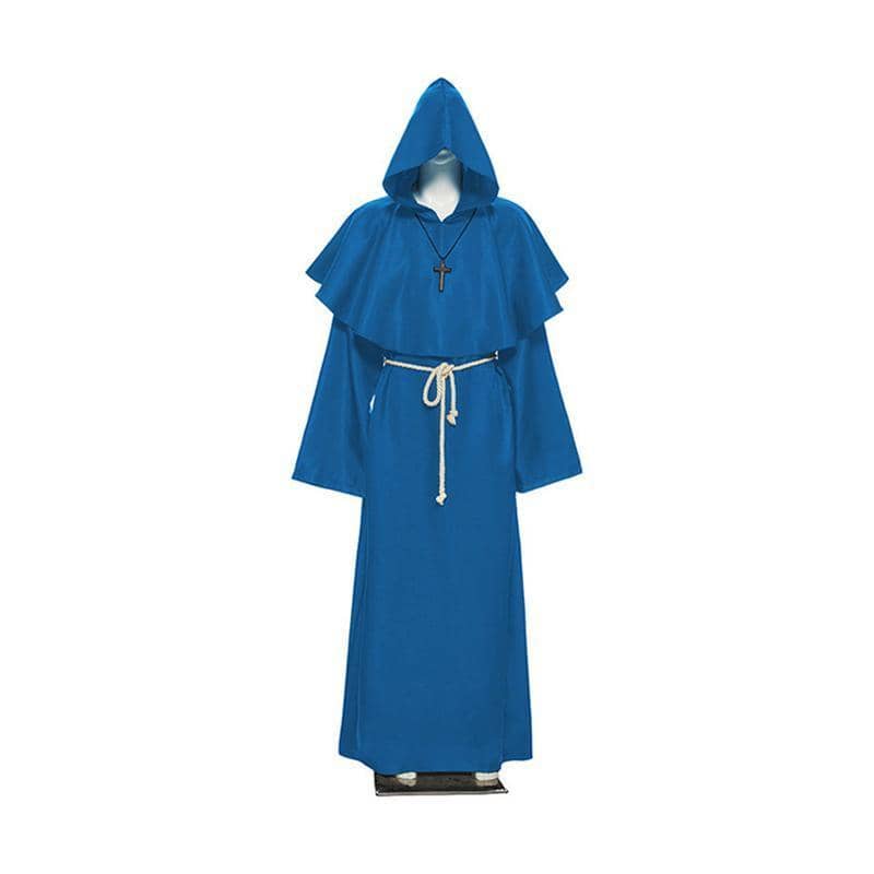 Medieval Friar Hooded Robe Costume with Cross Necklace - Blue, Medium (Length 148 cm)