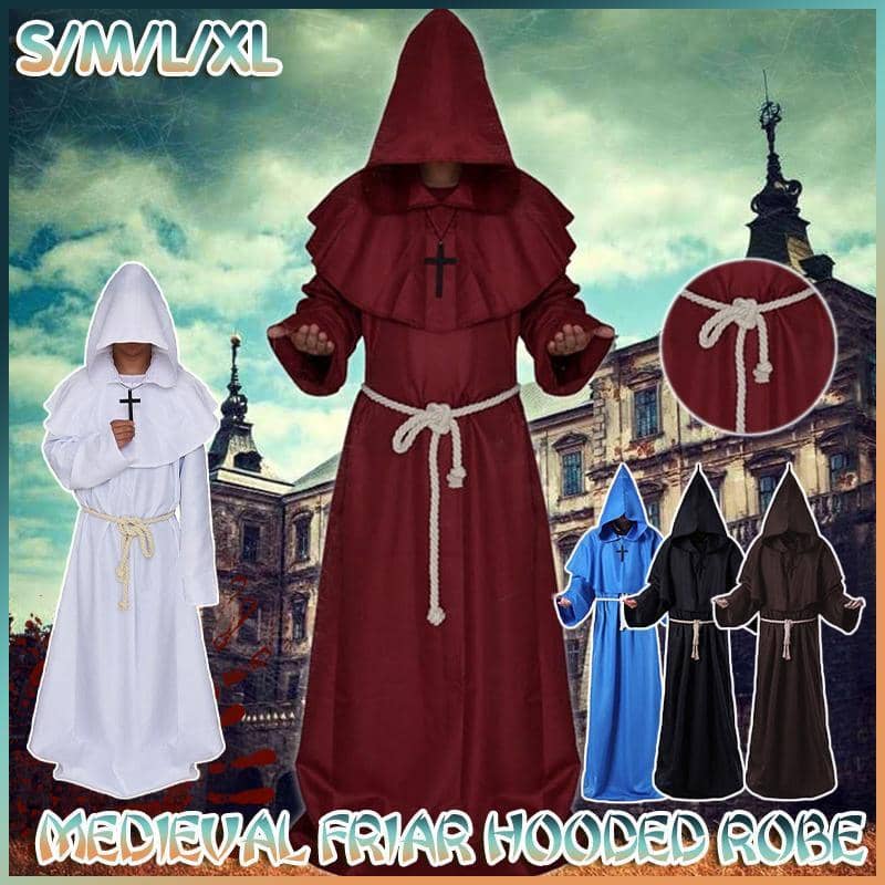Medieval Friar Hooded Robe Costume with Cross Necklace - Dark Red, Extra Large (Length 168 cm) - view 2