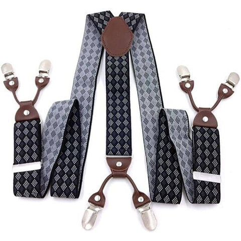 Men's 35 mm Wide Elastic Suspenders with 6 Clips - Black and Grey