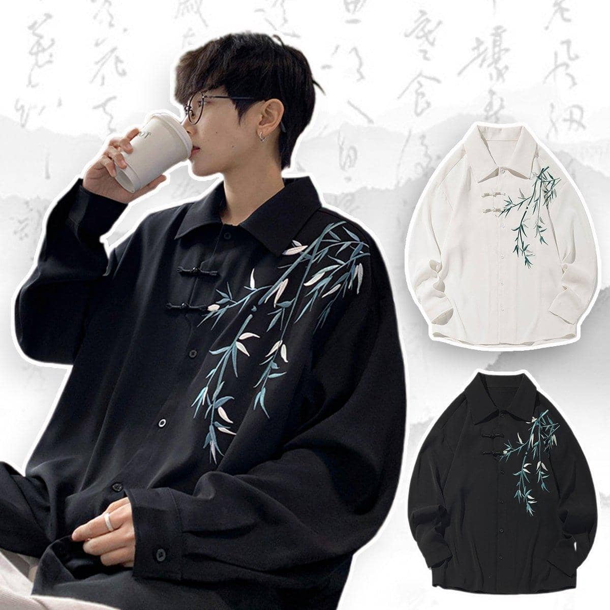 Men's Bamboo Embroidered Long Sleeve Shirt - White, Size XL (Chest 122 cm) - view 4