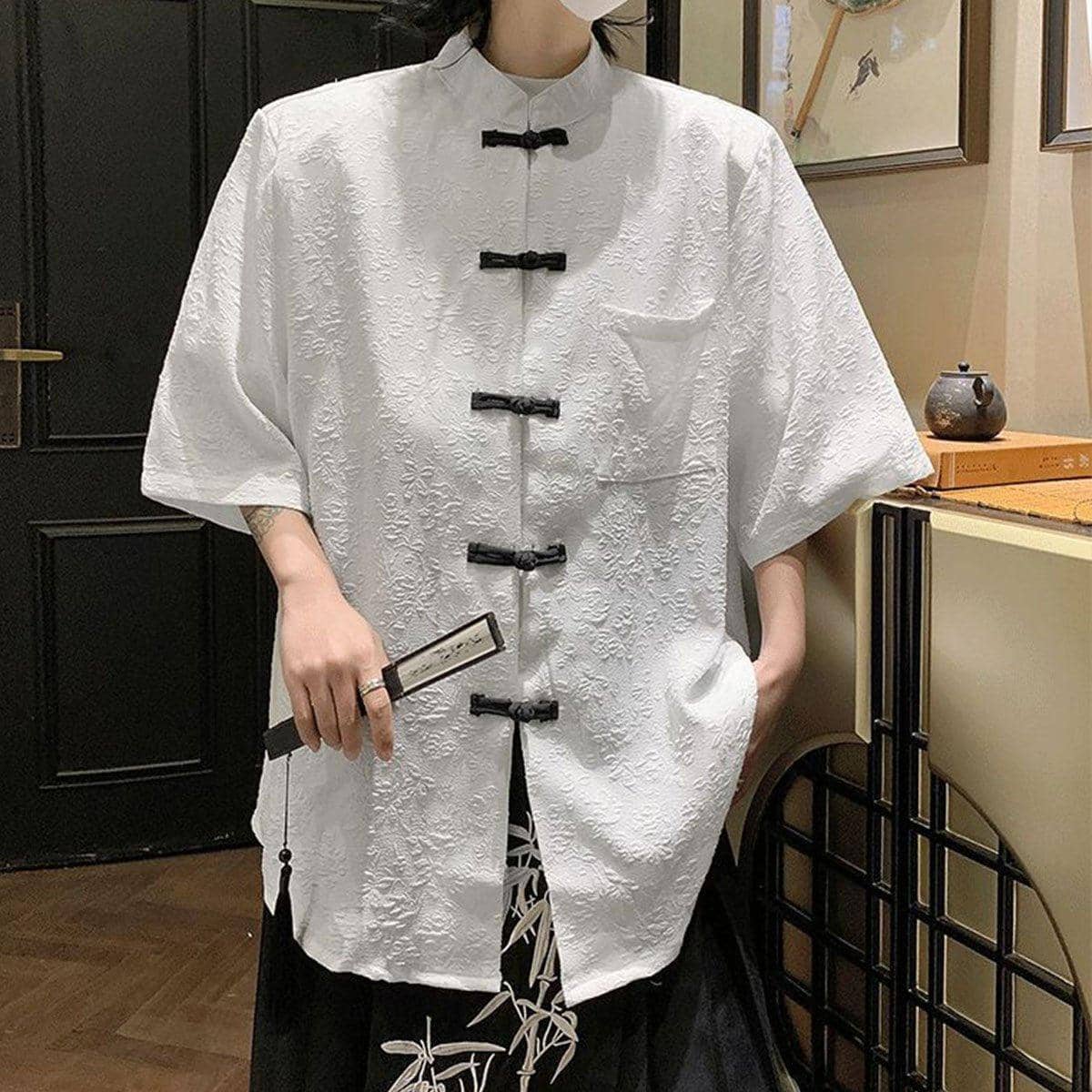 Men's Chinese Style Short Sleeve Shirt, Loose Summer Zhongshan Top - White, XL - view 3