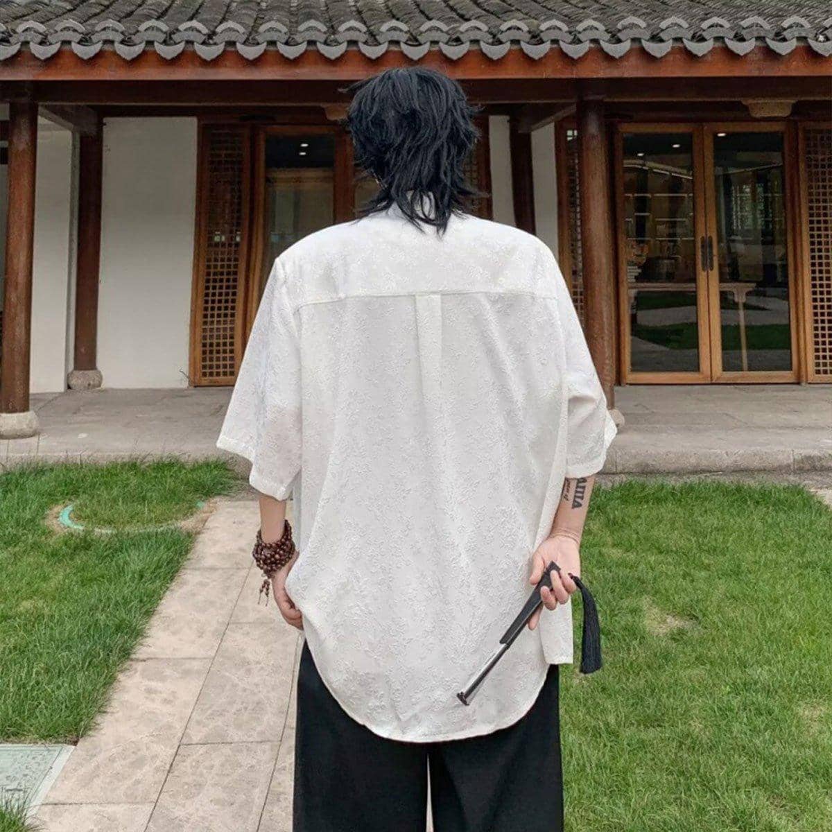 Men's Chinese Style Short Sleeve Shirt, Loose Summer Zhongshan Top - White, XL - view 4