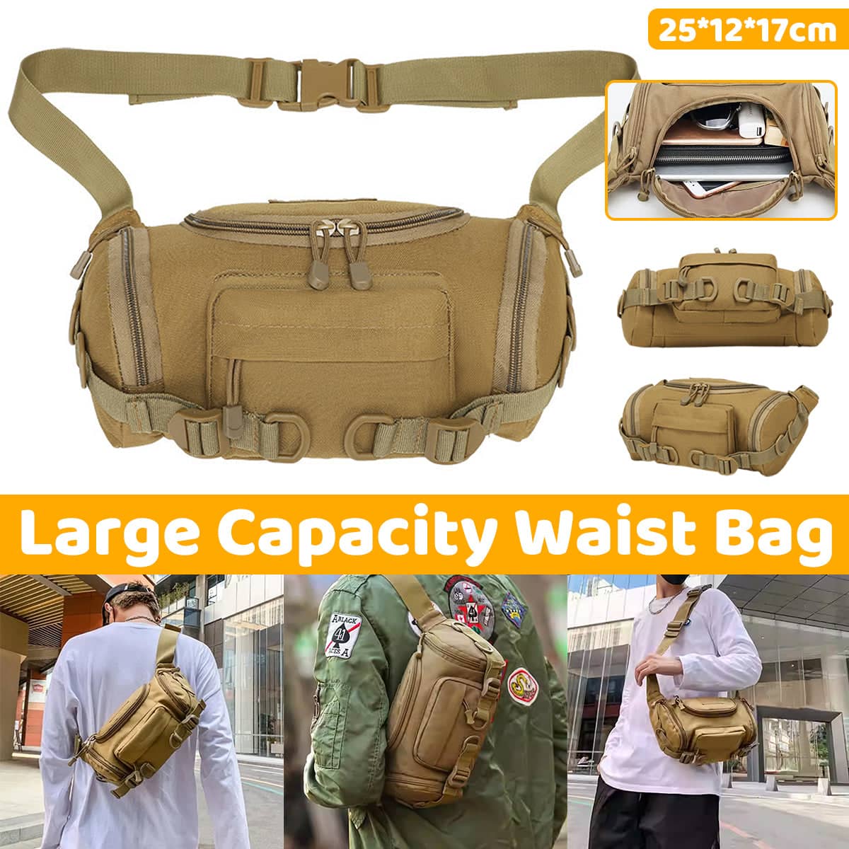 Men's Tactical Waist Bag Outdoor Crossbody Bag with Zip Pockets, Tan