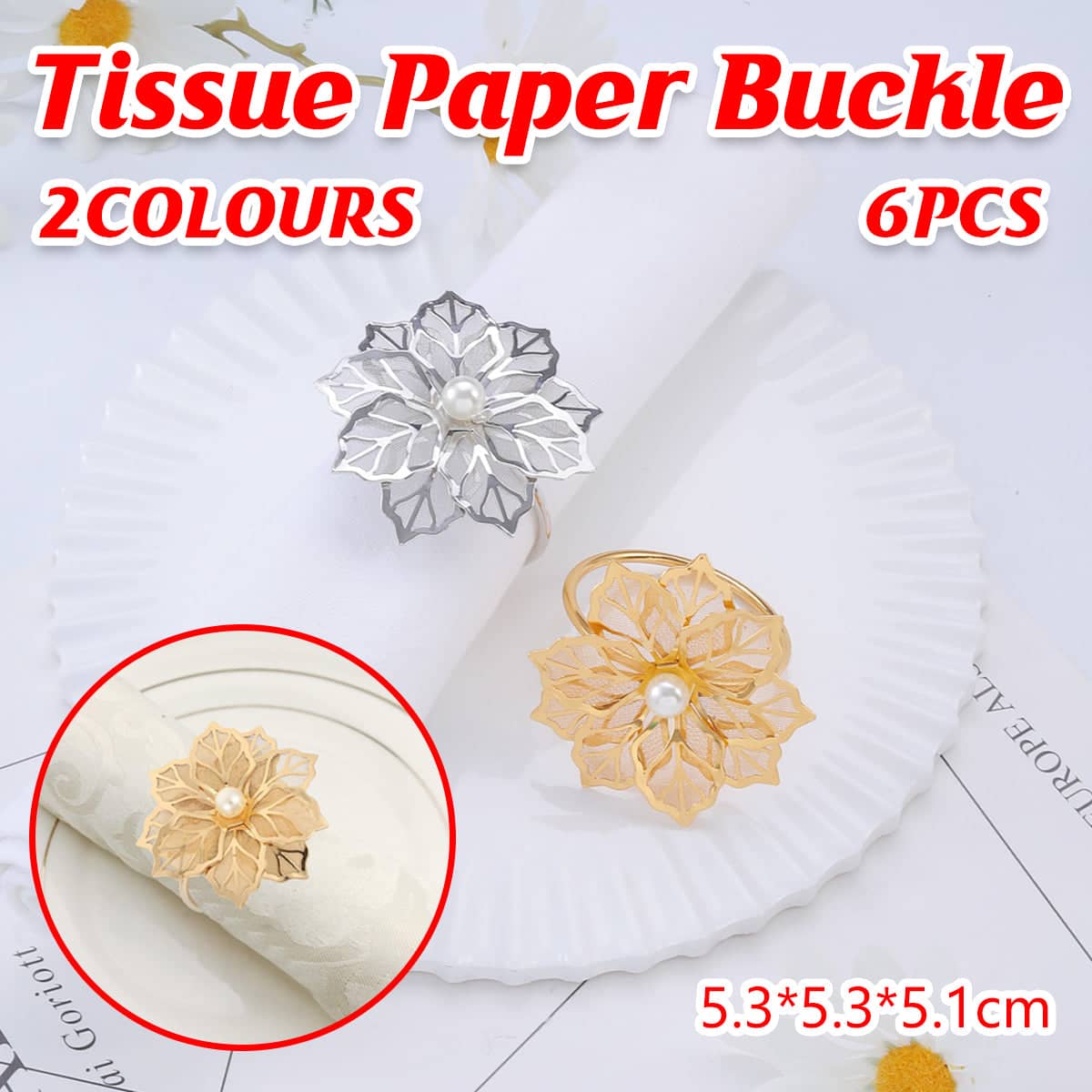 Metal Floral Napkin Rings, Hollow Rose Design, Pack of 6 - Gold - view 2
