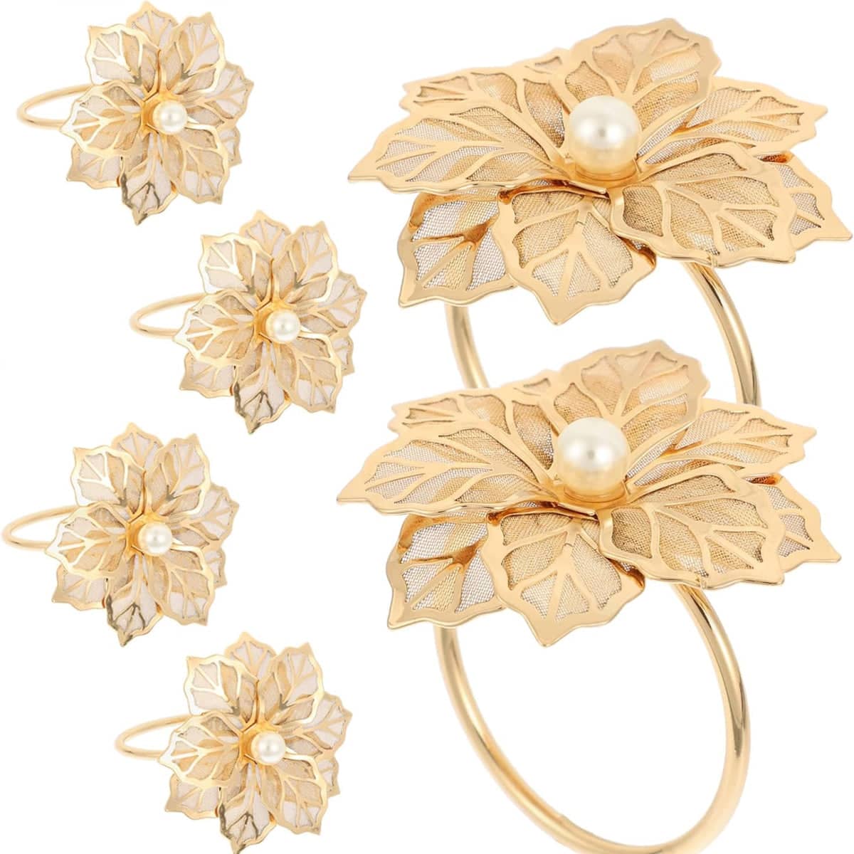 Metal Floral Napkin Rings, Hollow Rose Design, Pack of 6 - Gold - view 5