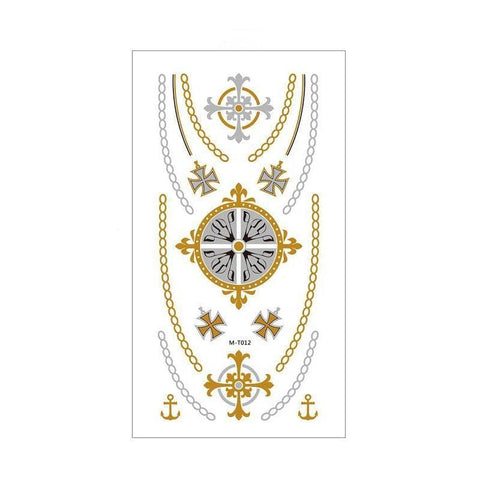 Metallic Temporary Tattoo Stickers for Arms and Body - Gold and Silver Cross Medallion and Anchors