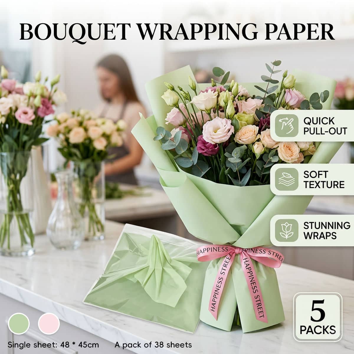 Milk Cotton Flower Wrapping Paper 190 Sheets Florist Bouquet Gift Packaging - Green - view 2