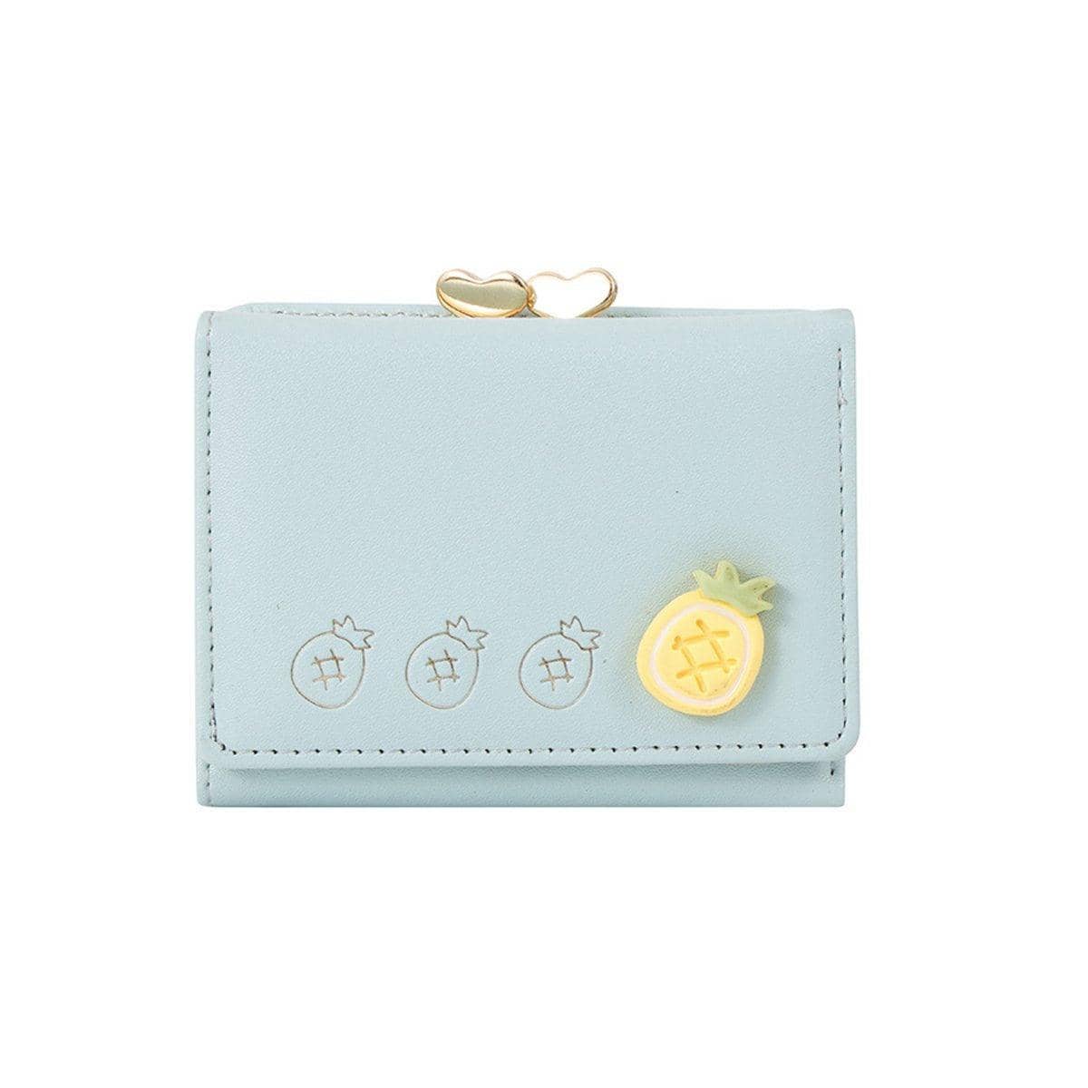 Mini Folding Wallet with Fruit Design, Faux Leather - Light Blue Pineapple