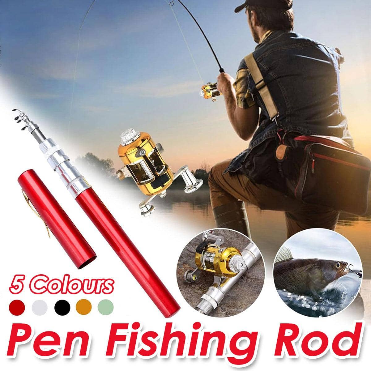 Mini Pen Fishing Rod with Reel, Telescopic Pocket Fishing Pole - Gold - view 2