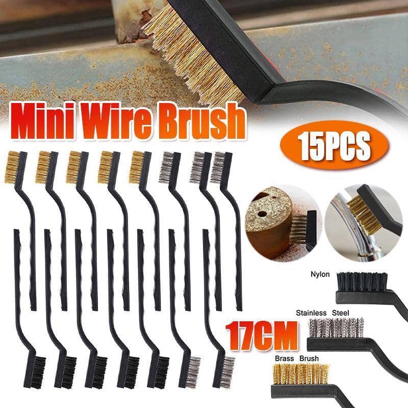Mini Wire Brush Set Stainless Steel Nylon and Brass Metal Remover, Pack of 15