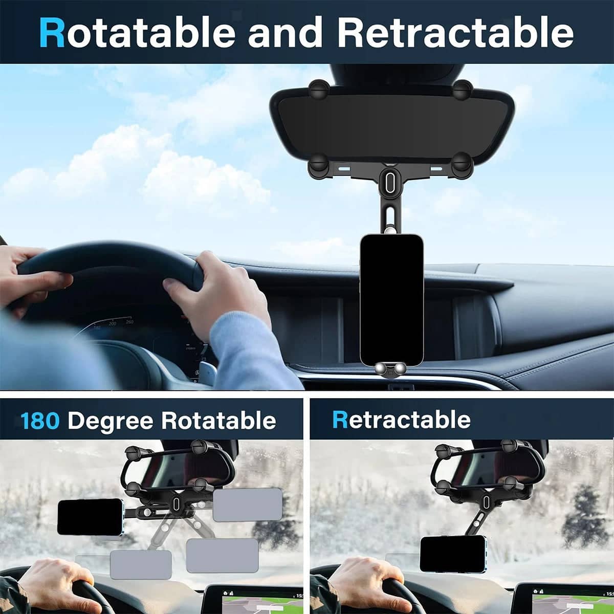 Mobile Phone Rearview Mirror Holder, Strong Grip - Black - view 4