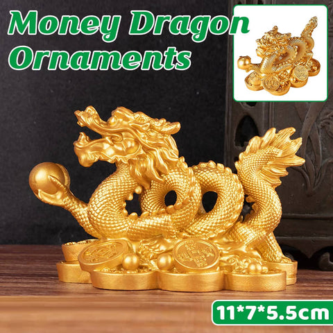 Money Dragon Figurine in Gold Resin, 11 x 7 x 5.5 cm
