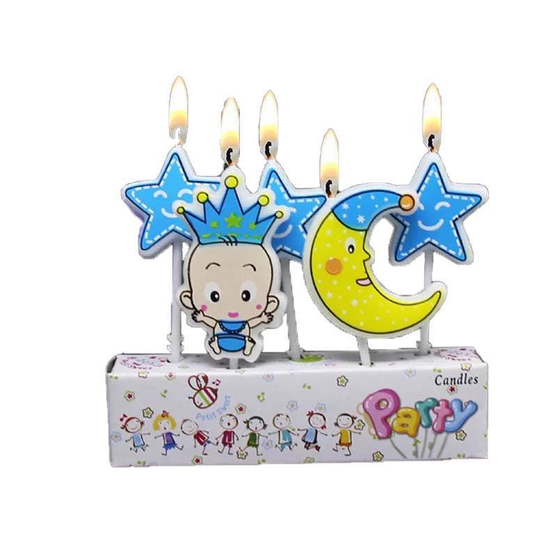 Moon and Baby Boy Birthday Cake Candles - Blue Stars