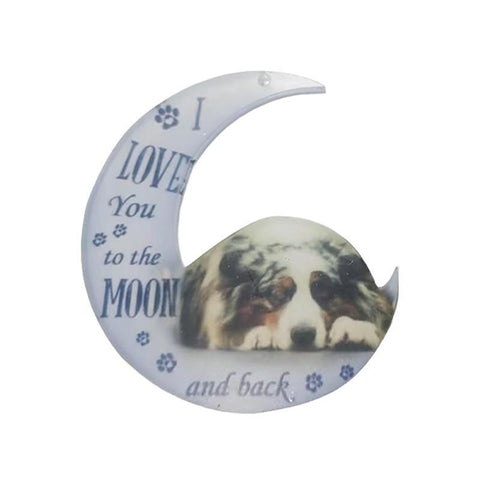 Moon Hanging Ornament for Car Rear View Mirror - Resting Speckled Grey and White Dog