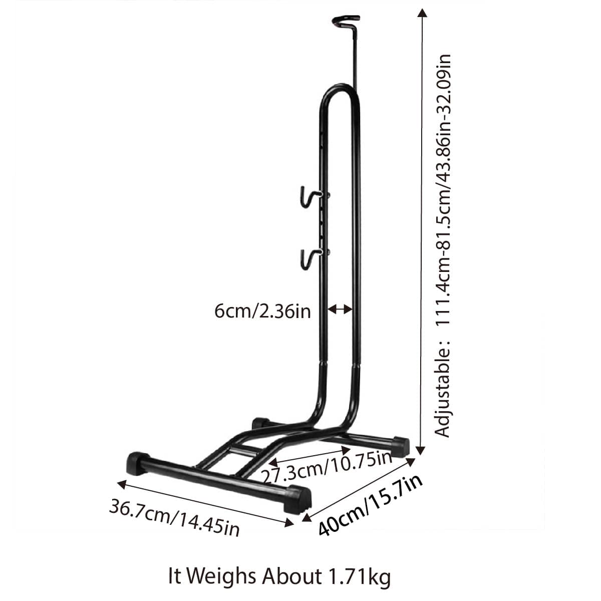 Mountain Bicycle Parking Rack, Adjustable Height L-Shaped Bike Stand with Hooks - view 3