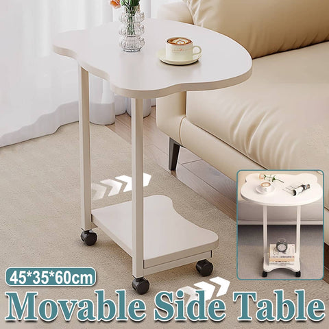 Movable Side Table with Rolling Wheels for Sofa and Bedside, Curved White