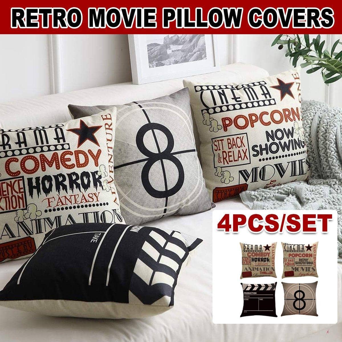 Movie Theme Cinema Throw Pillow Covers, 45 x 45 cm (18 x 18 Inch), Pack of 4