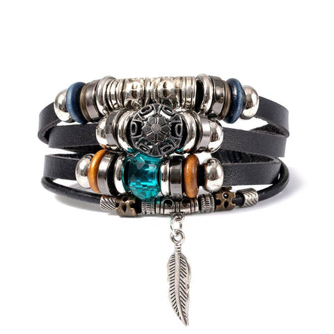 Multi-Layer Faux Leather Beaded Bracelet - Black Flower Disc with Blue Crystal