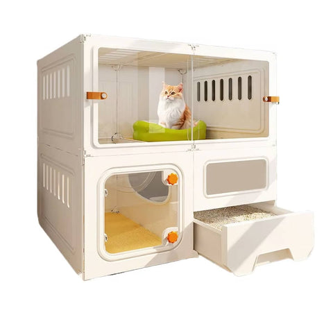 Multi Level Cat Villa with Litter Drawer - White and Grey, 2 Tier (2 Layers), 70 x 45 x 70 cm